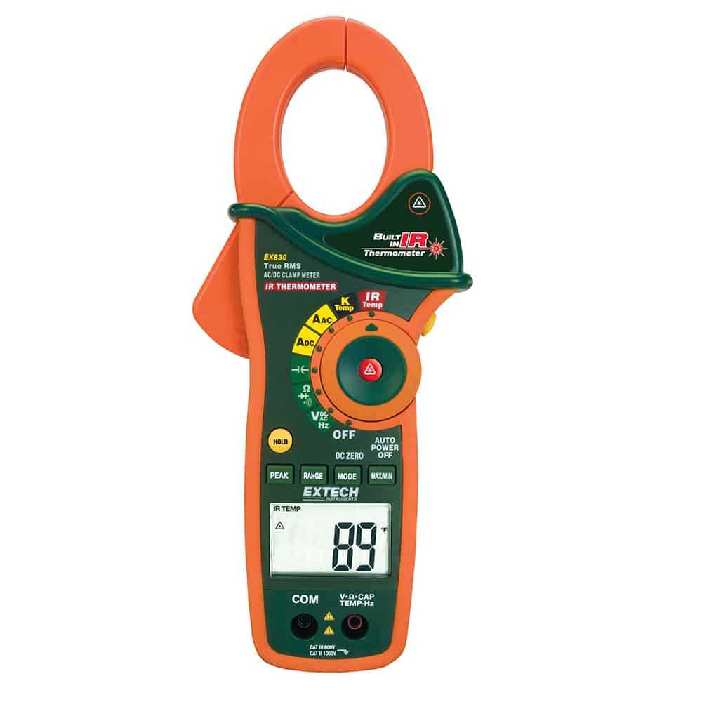 Extech True RMS AC/DC Clamp Meter With IR Thermometer, 1000A, 43mm Jaw, CAT III 600V