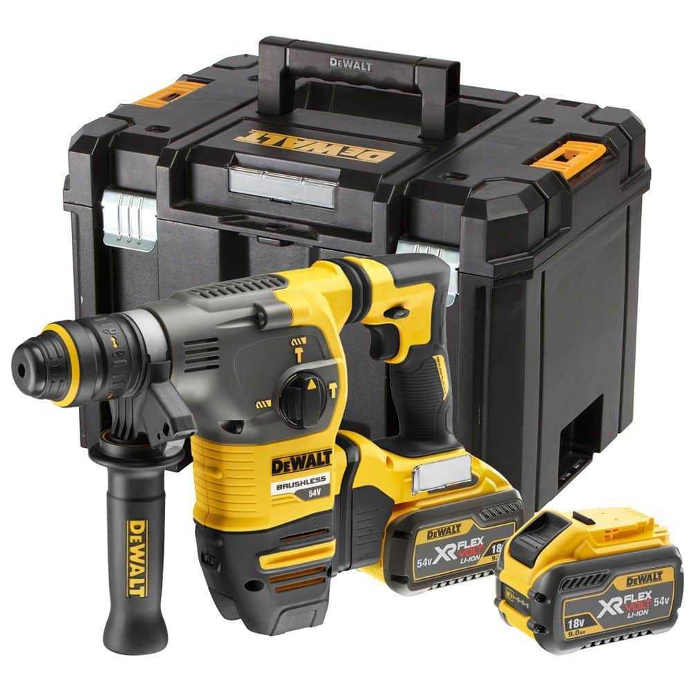 Dewalt 54V Cordless 30mm SDS-Plus Rotary Hammer Drill with Quick Change Chuck, 5.0kg, 3-Modes, Brushless Motor, with 2x 9.0Ah Li-ion Batteries, Charger and Tstak Case